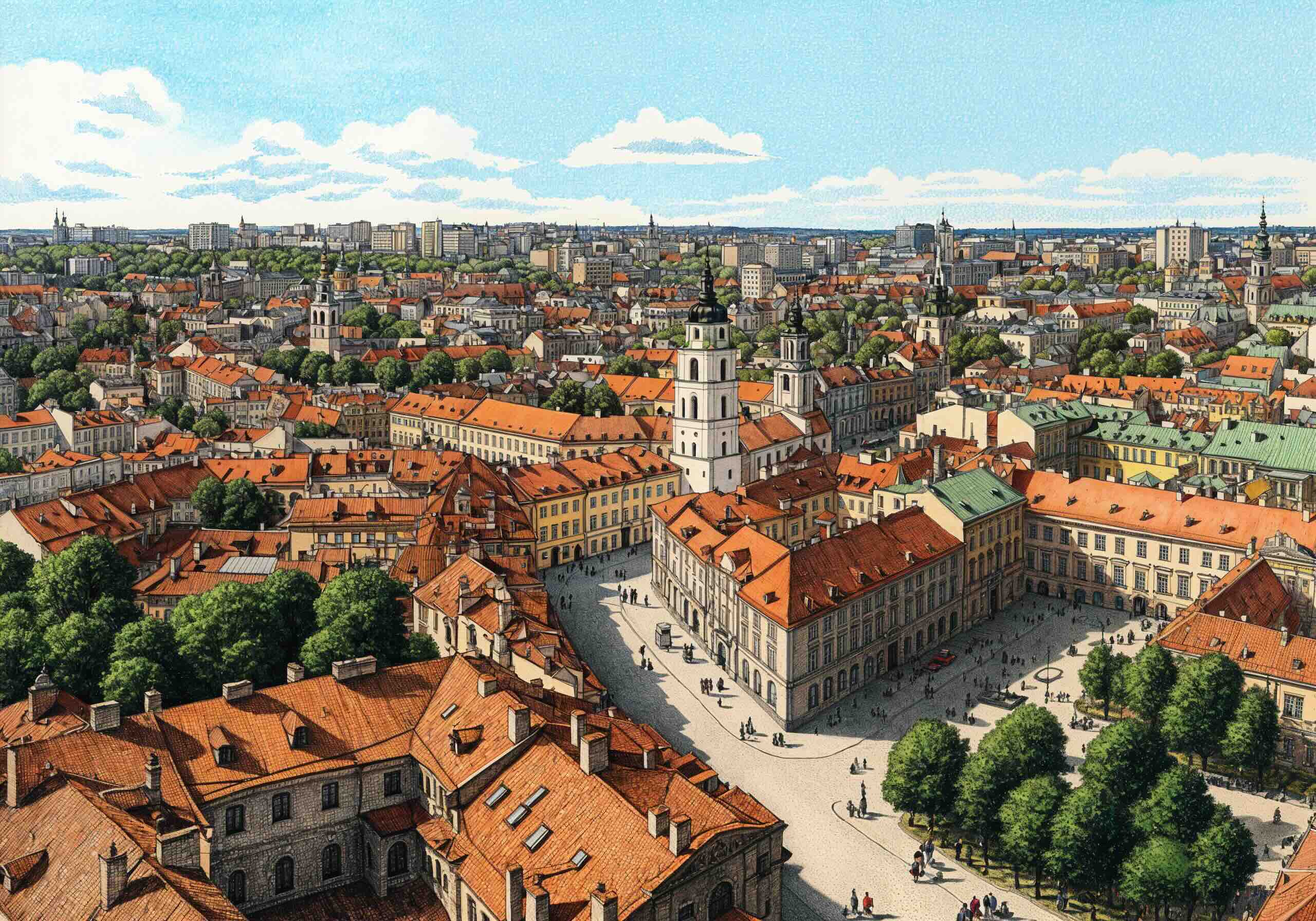 Detailed illustration of a historic cityscape in Lithuania, featuring red-roofed buildings, church towers, and a central square filled with people, with a modern skyline in the background.
