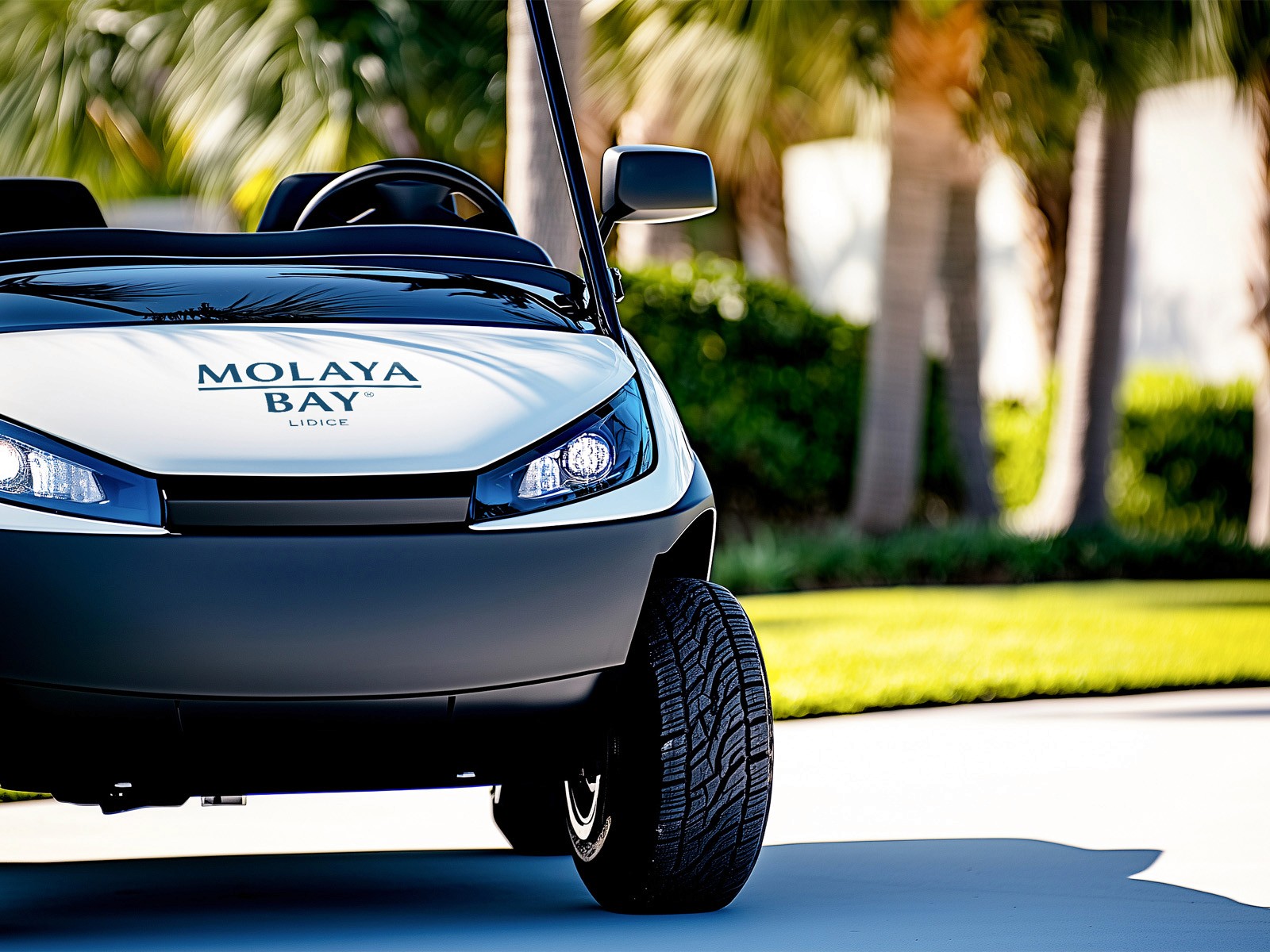 Front view of an electric cart featuring the Molaya Bay logo, surrounded by palm trees.