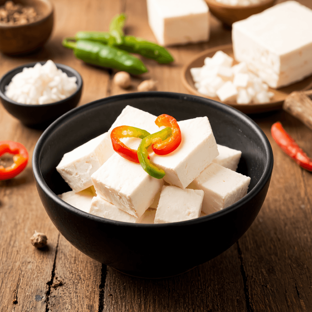 product photography of a bowl of soft tofu with sliced peppers for garnish