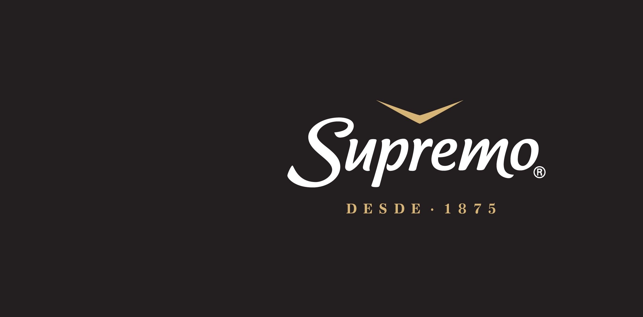 Black background with "Supremo" written in white elegant script. A gold accent above, and "Desde 1875" in gold text below, suggesting a classic, premium brand.