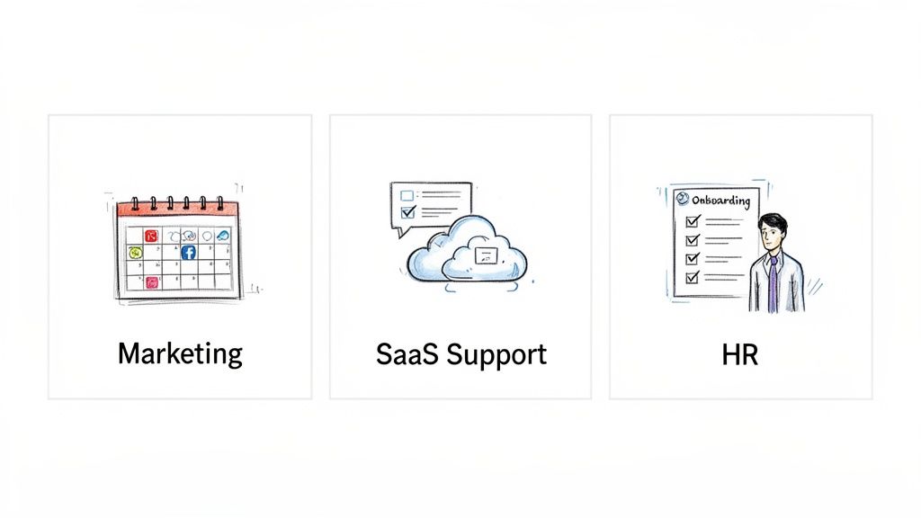 Three illustrative panels show concepts for Marketing, SaaS Support, and HR functions.