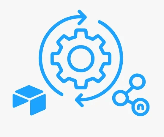 Icône flat design représentant l’automatisation Airtable avec n8n, engrenage et logos stylisés en bleu