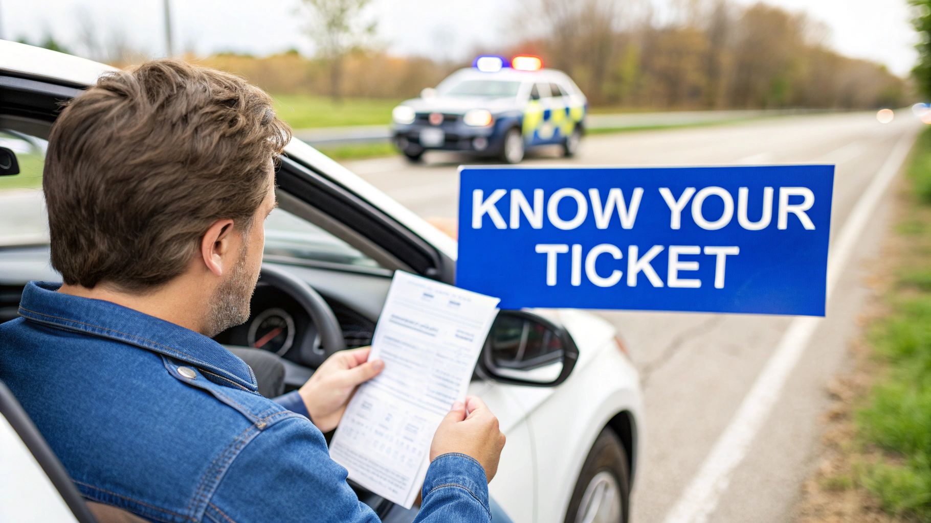 Man in a car reviewing a traffic ticket with a police vehicle and 'KNOW YOUR TICKET' sign.