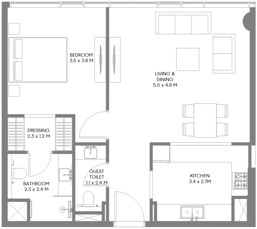Floor plan of a 1-bedroom apartment at The Gate 5, showcasing room layout and dimensions.