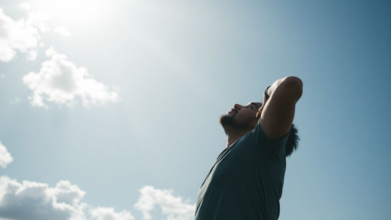 Person looking up towards a bright sky, symbolizing potential.