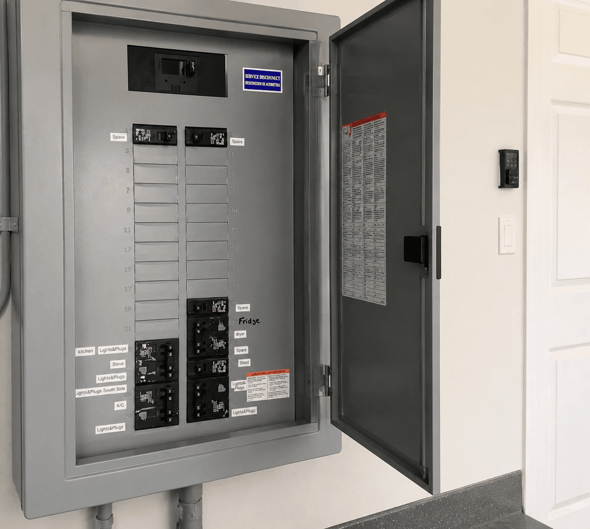 Electrician using digital multimeter to test electrical control panel during safety inspection