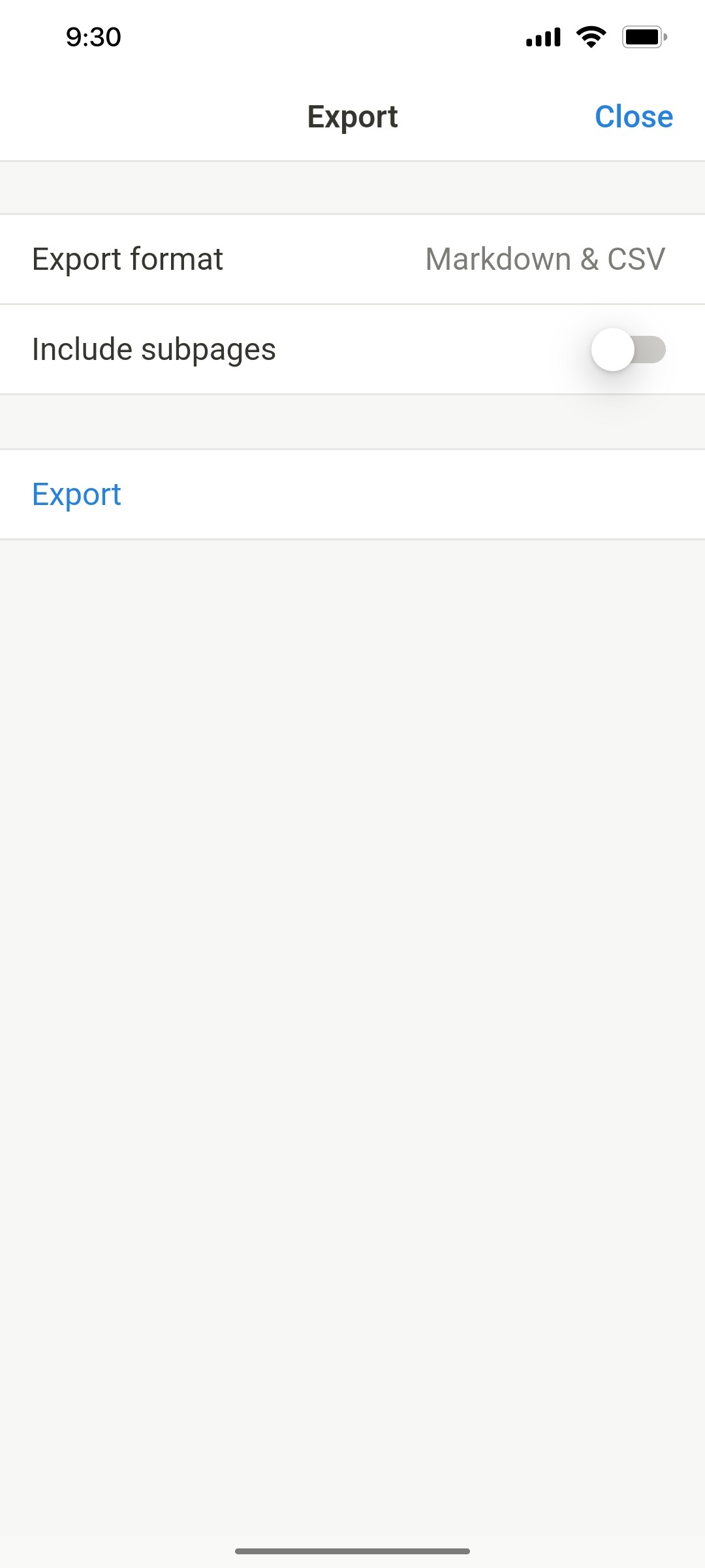 Notion App Export Screen