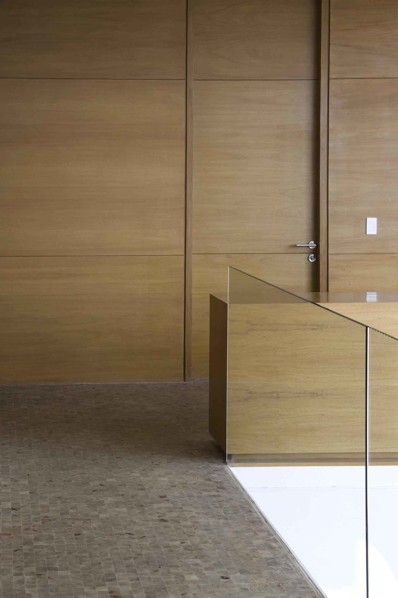 Detalle arquitectónico en Casa Lomas de Elías Rizo con integración de cancelería minimalista y acabados en madera de lujo