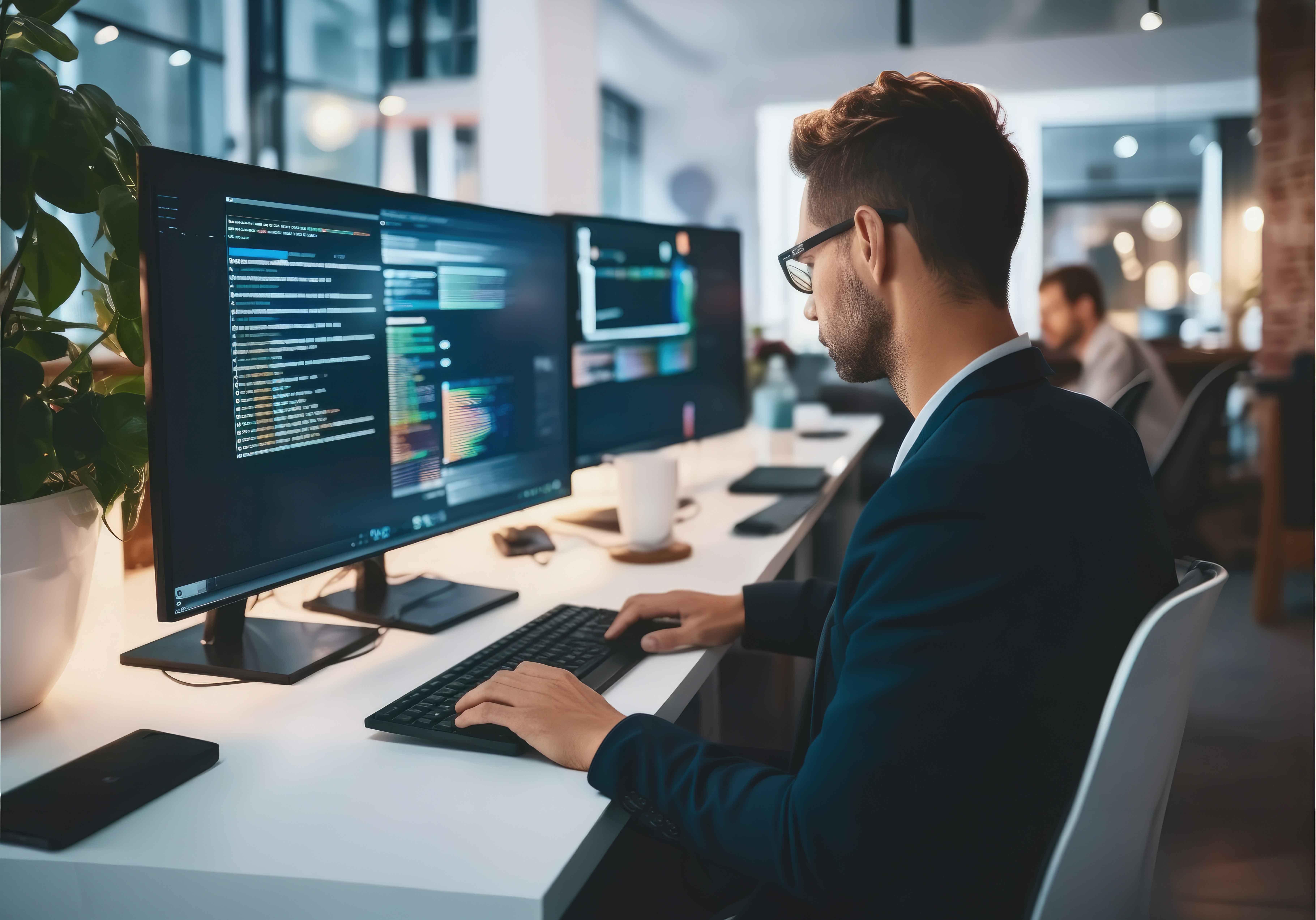 A young man looking toward the horizon in an office.