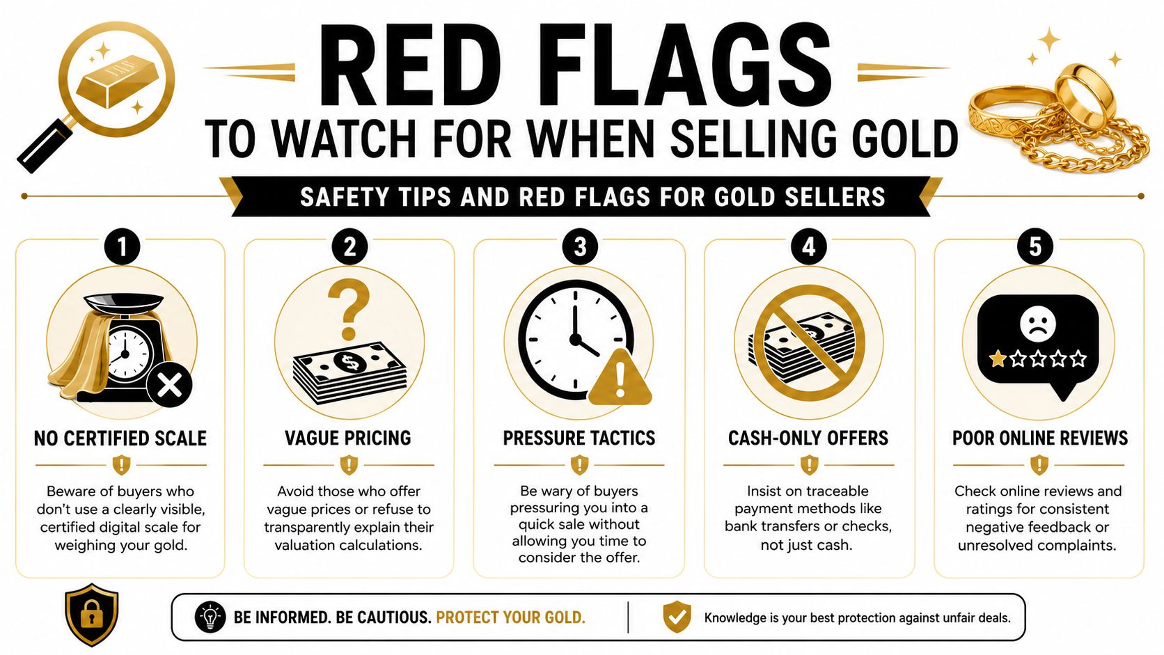 An infographic showing five red flags to watch for when selling gold to ensure consumer safety.
