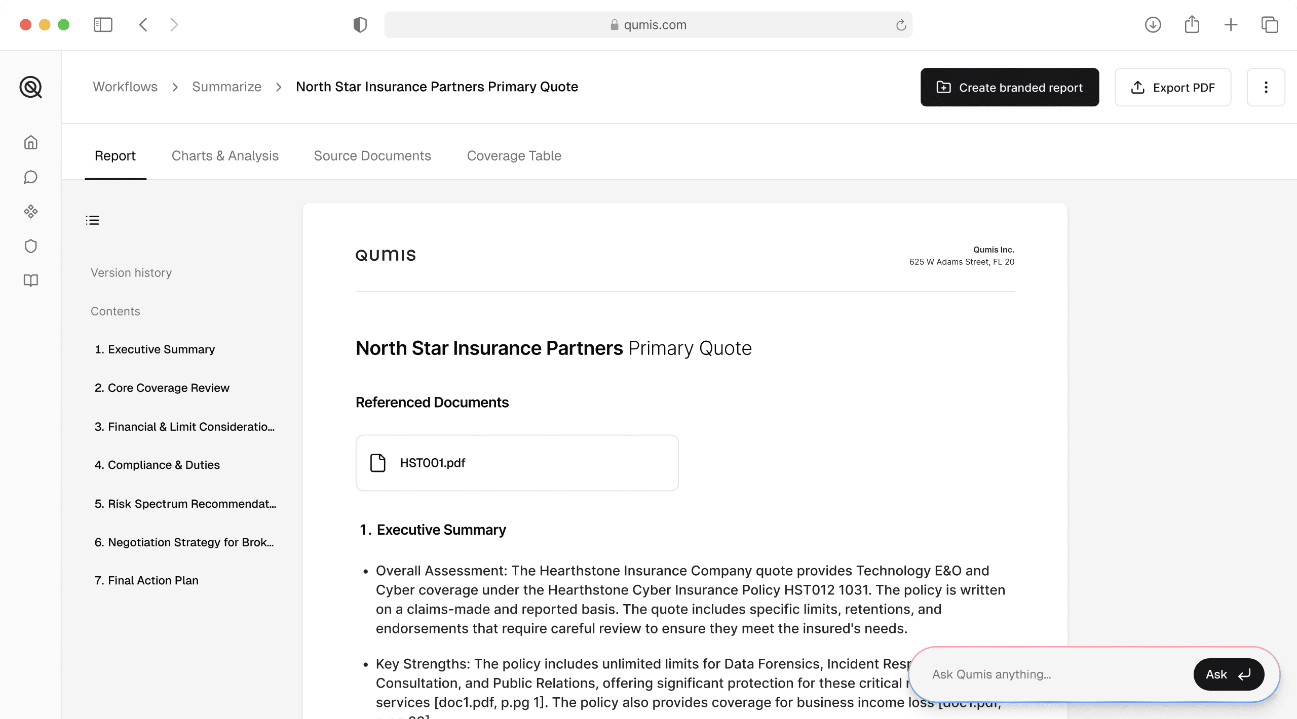 Qumis Summarize tool generating a citation-linked summary of a commercial insurance policy with key coverage terms and exclusions