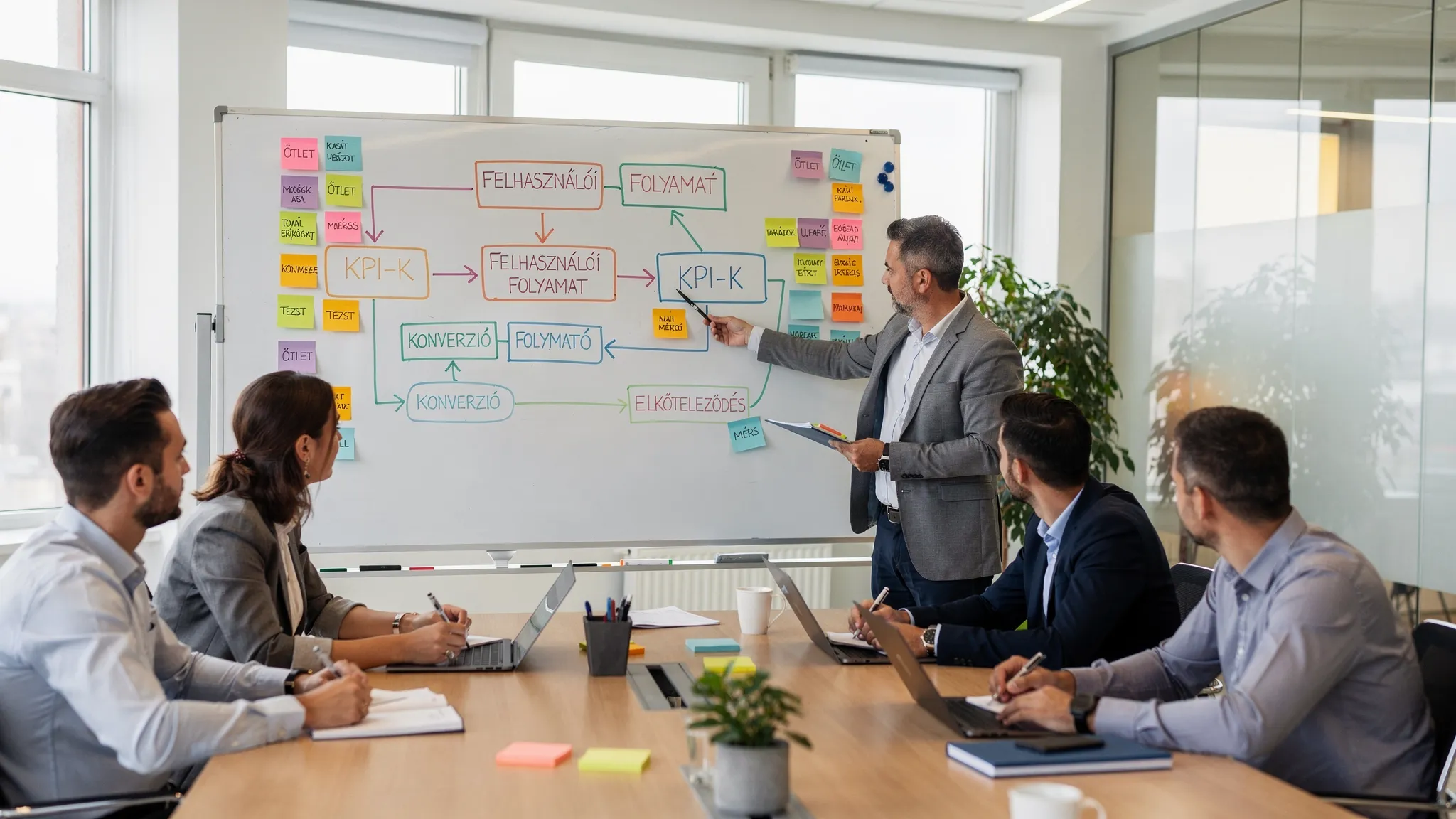 A scene from a small business workshop in a conference room, where the team is mapping out user processes and KPIs on a whiteboard using Post-it notes and a simple flowchart.