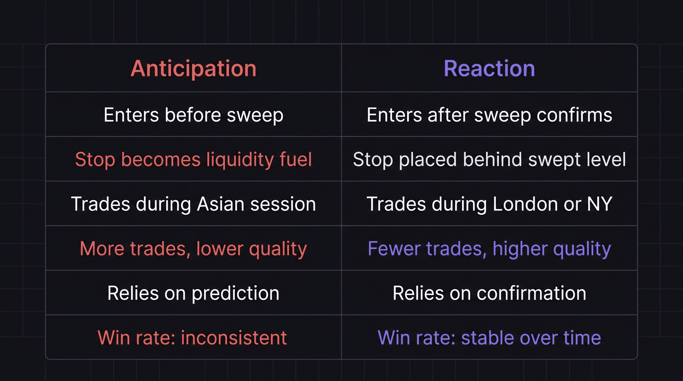 Comparison table showing anticipation vs reaction approach to trading entries