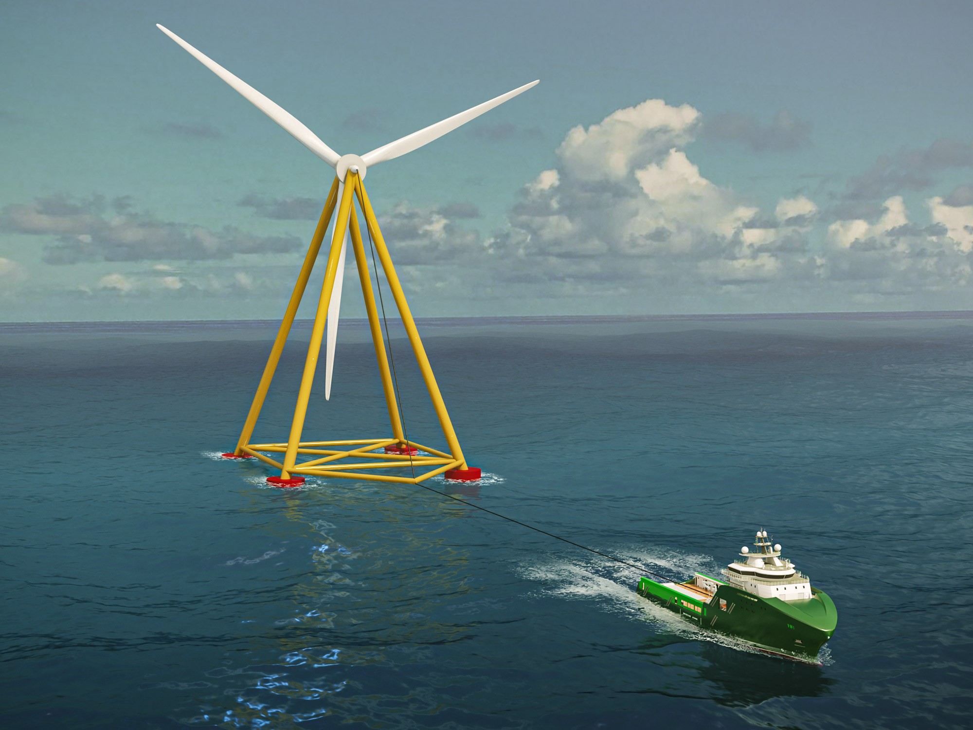 Tugboat pulling a floating wind turbine
