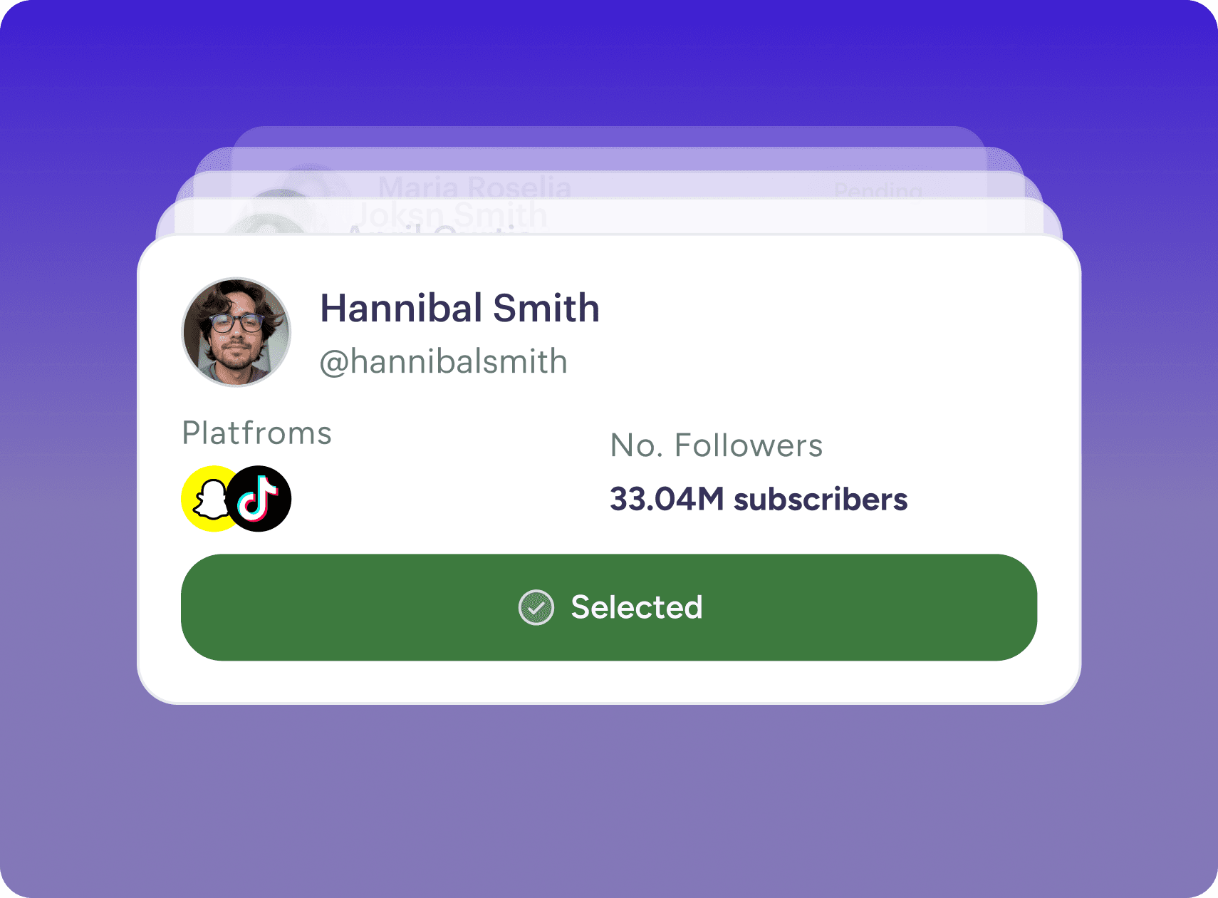 Influencer profile card showing platforms, follower count, and selected status