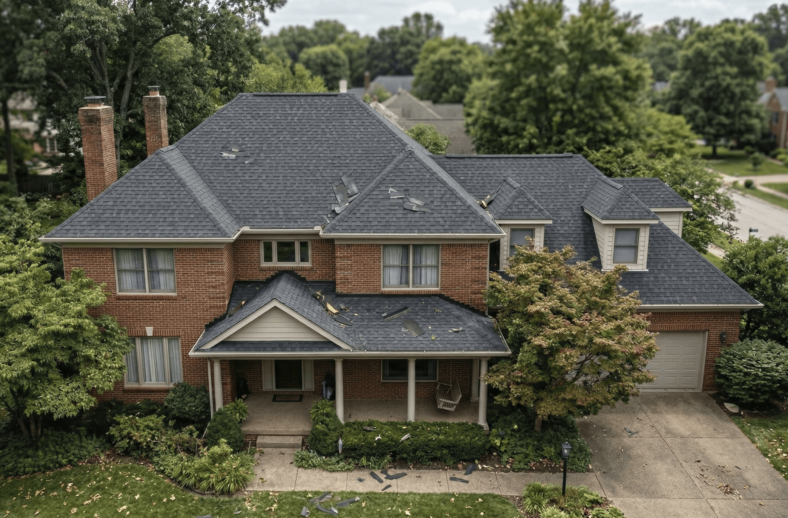 Older brick home with roof damage from a storm where shingles had been blown off and are lying sporadically across the roof and in the yard. 