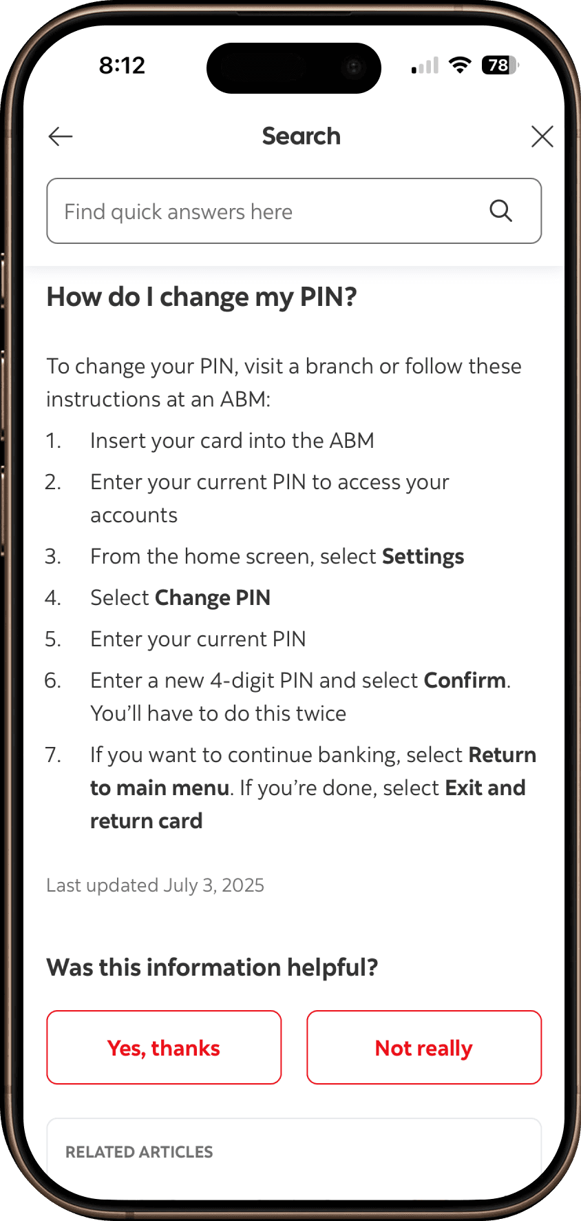 Notice to change PIN at branch