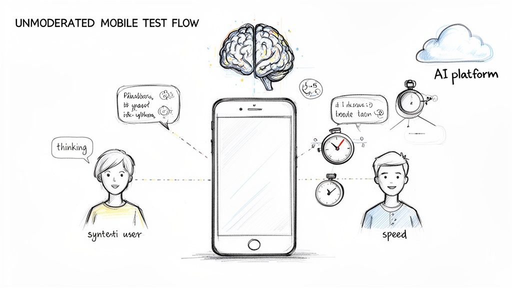A diagram illustrating an unmoderated mobile test flow with a user, smartphone, brain, and AI platform.
