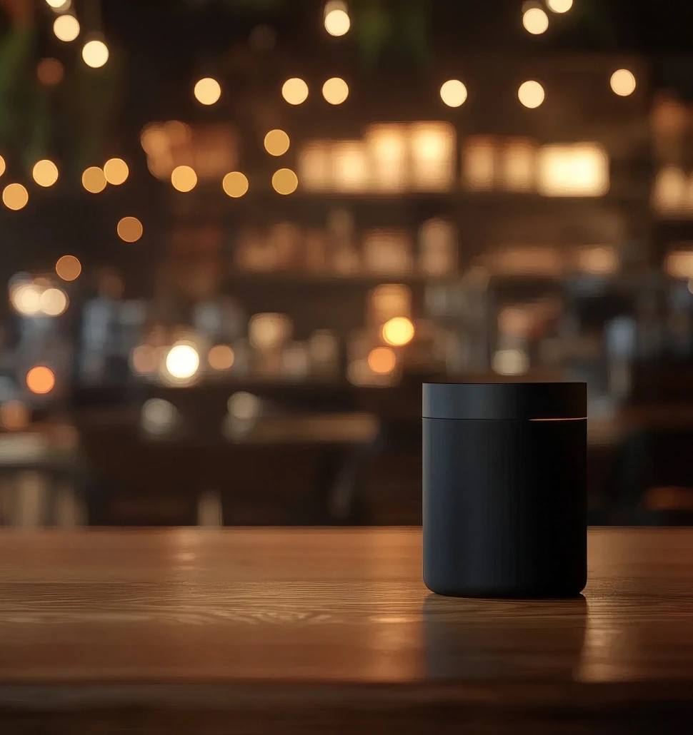 A dark cylindrical object on a wooden bar, with softly glowing lights in the blurred background.