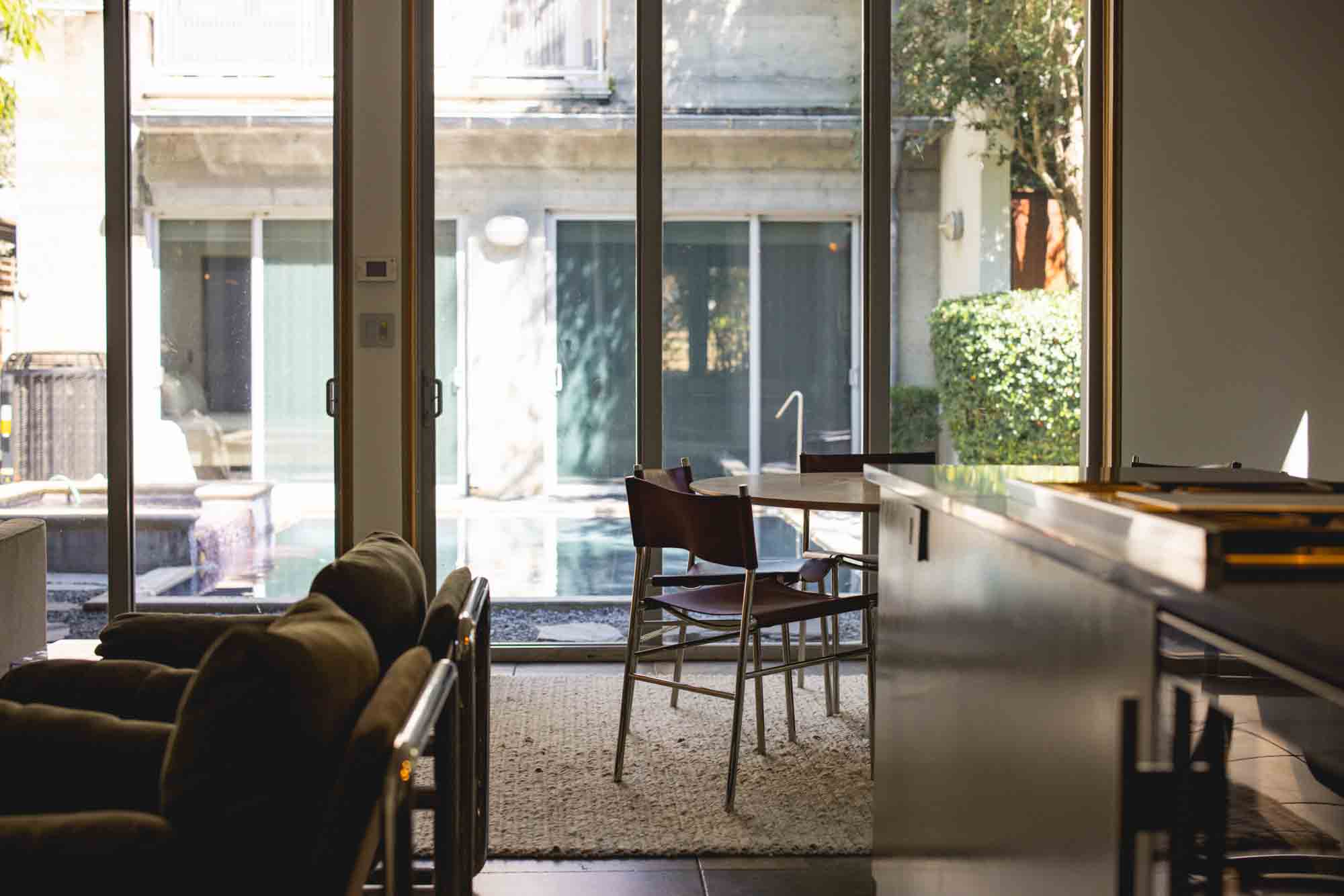 living area of Contra House showcasing modern Key West accommodations with sleek, mid-century design
