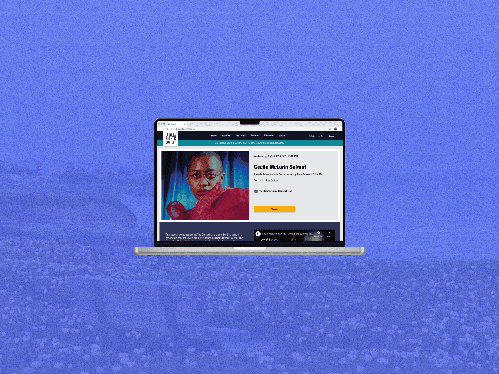 a laptop open to the event detail page of La Jolla Music Society's website set on an abstract blue background