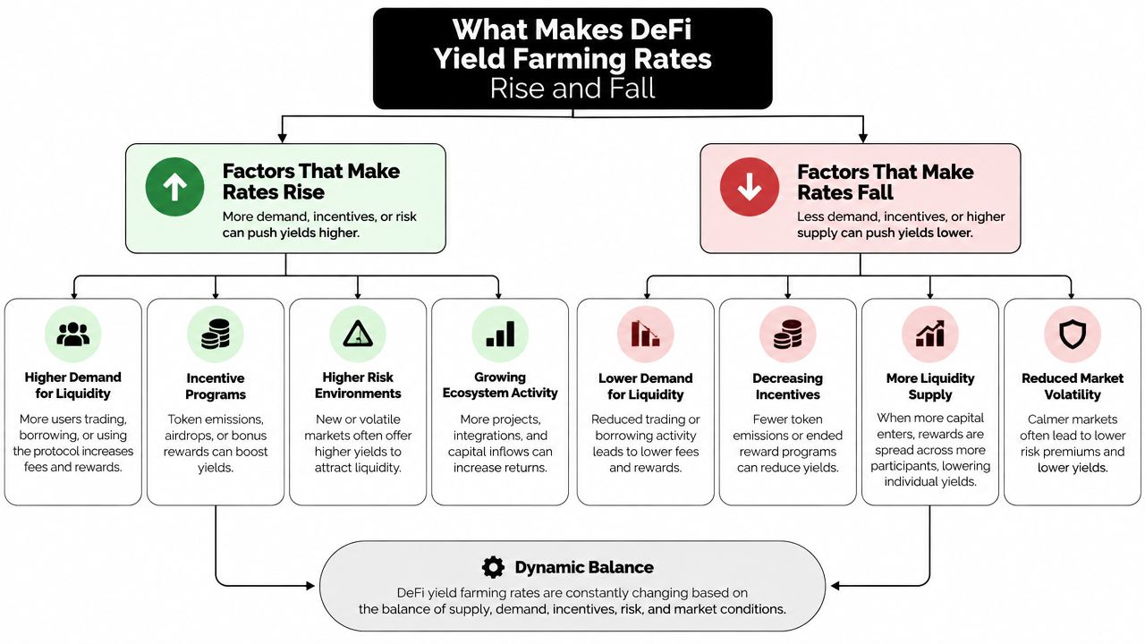 A flowchart explaining the economic factors that cause DeFi yield farming interest rates to rise or fall.