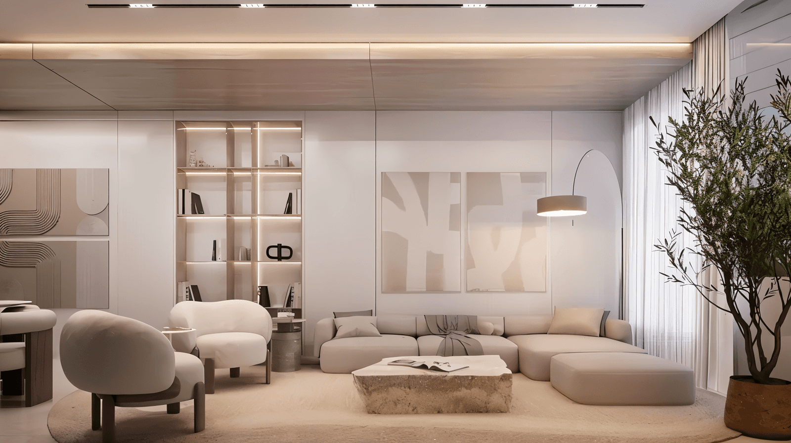 A contemporary living room adorned with a large chandelier, reflecting a blend of luxury and modern design elements.