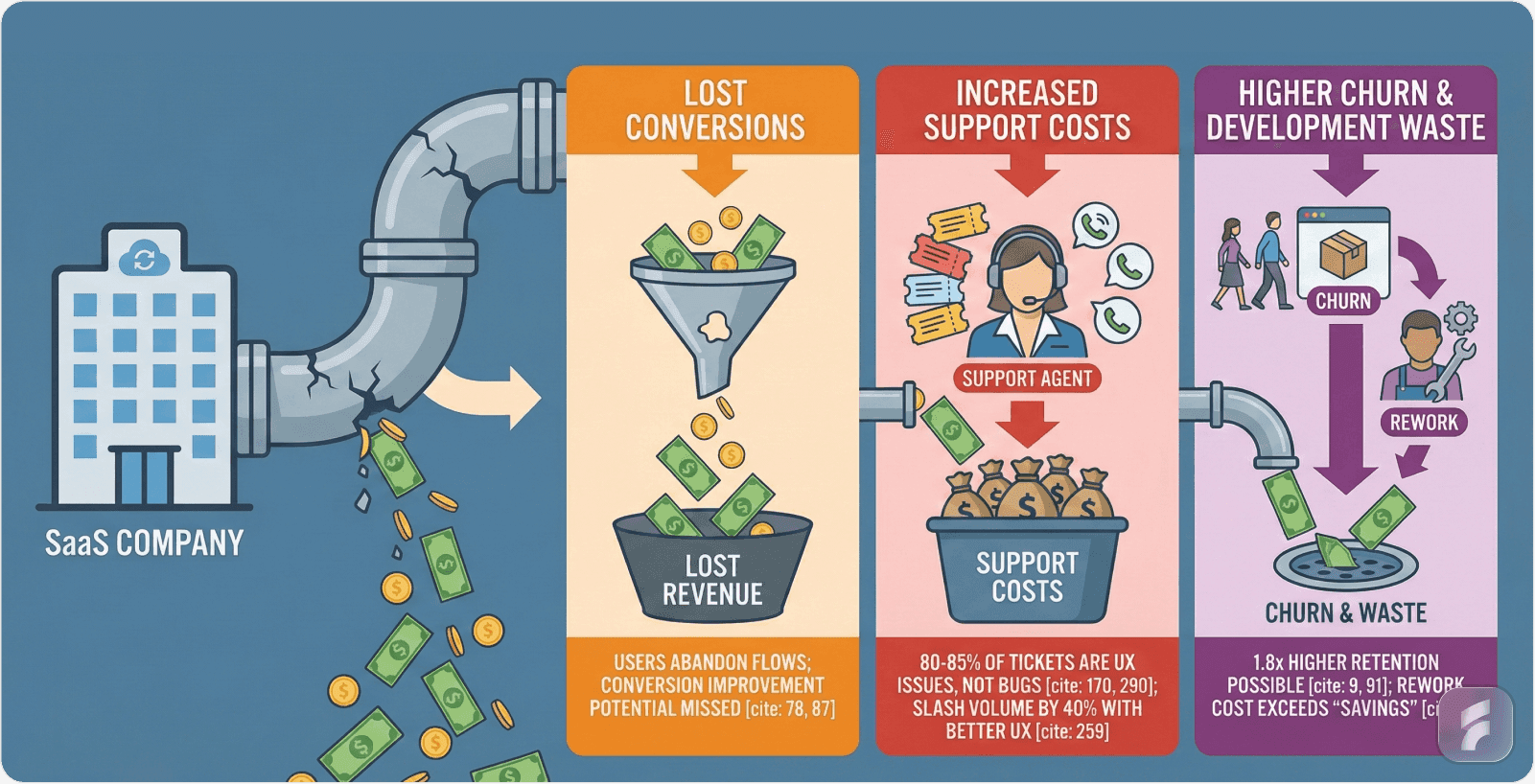 Saas company lost conversions, increased support cost, higher churn and development waste