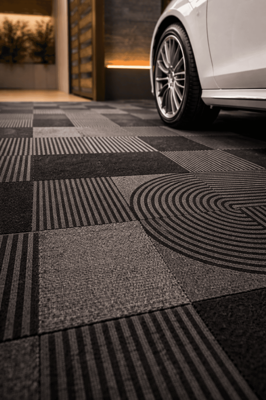 “Decorative stone paving with circular and linear patterns for contemporary driveway surfaces