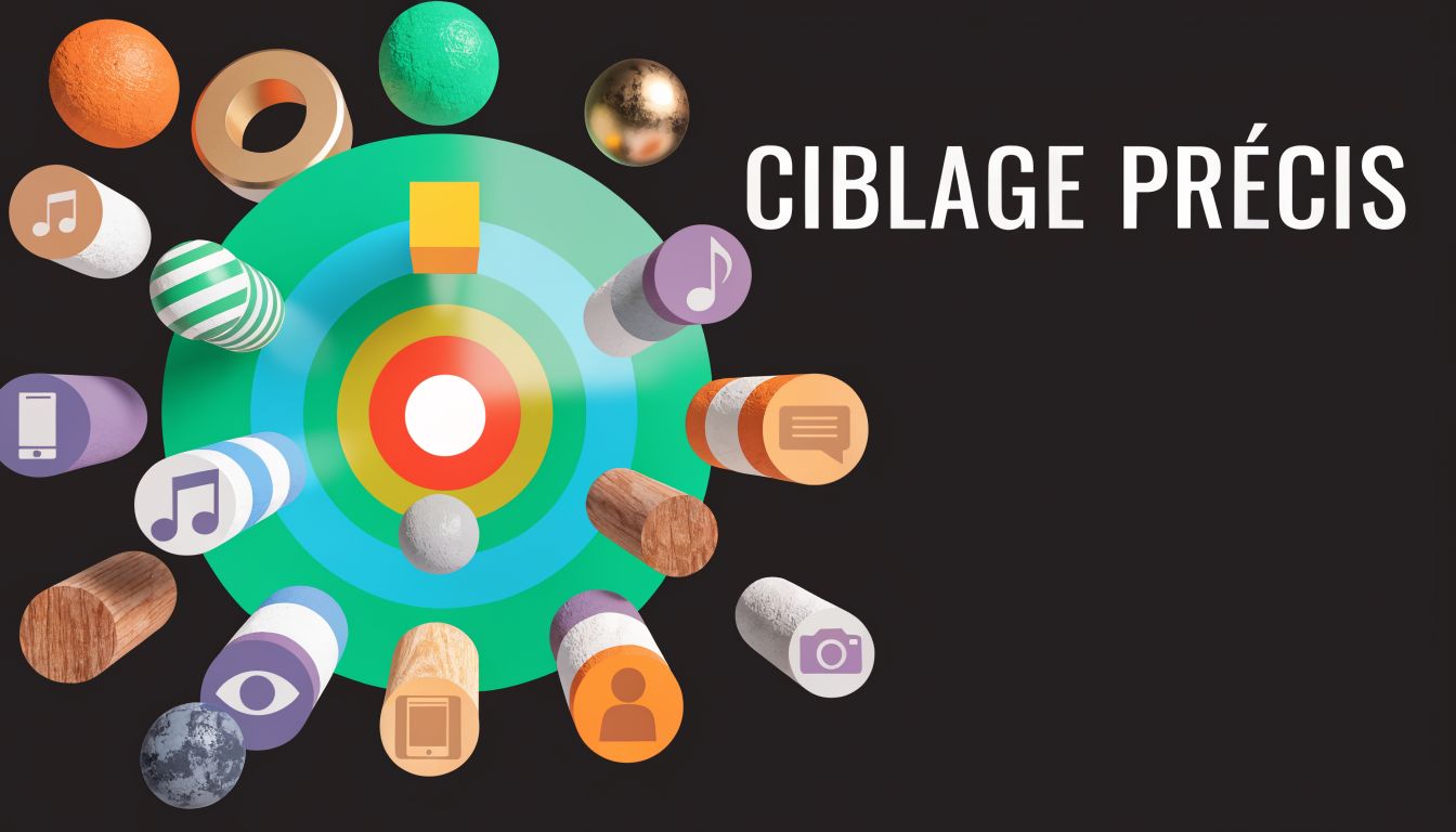 Une représentation 3D créative d'une cible entourée d'icônes numériques illustrant le concept de ciblage publicitaire précis.