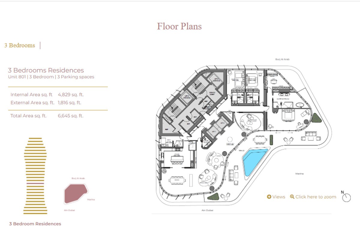 AVA at Palm Jumeirah 3 Bedroom Room Plan