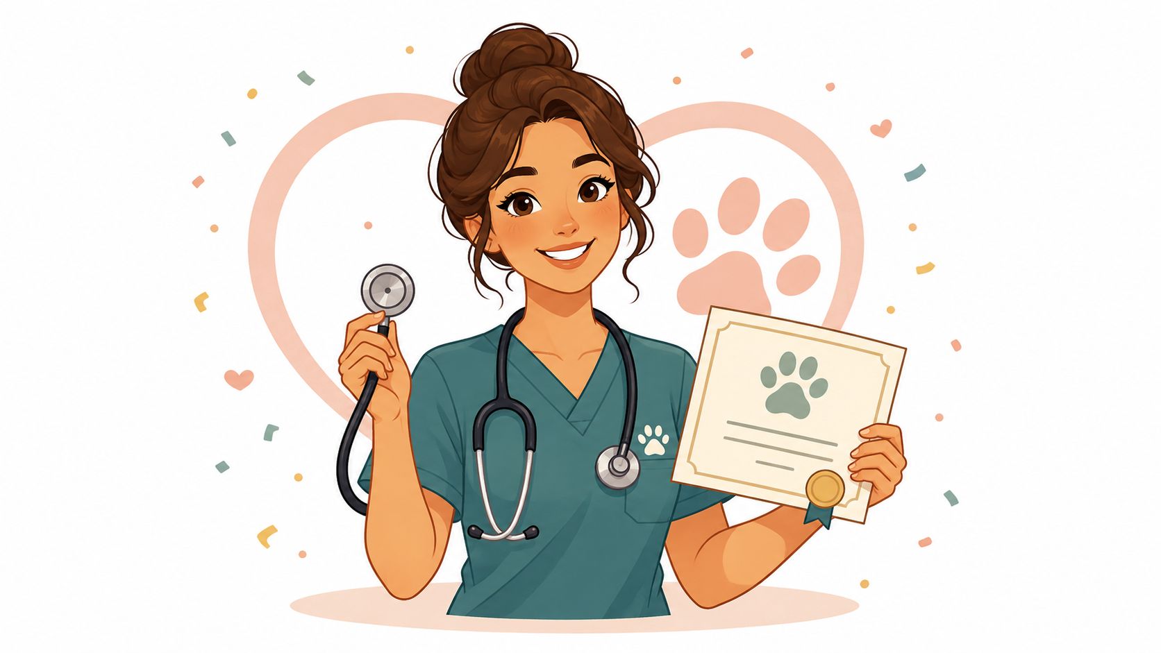 A friendly female veterinarian in green scrubs holding a stethoscope and a pet certification document.