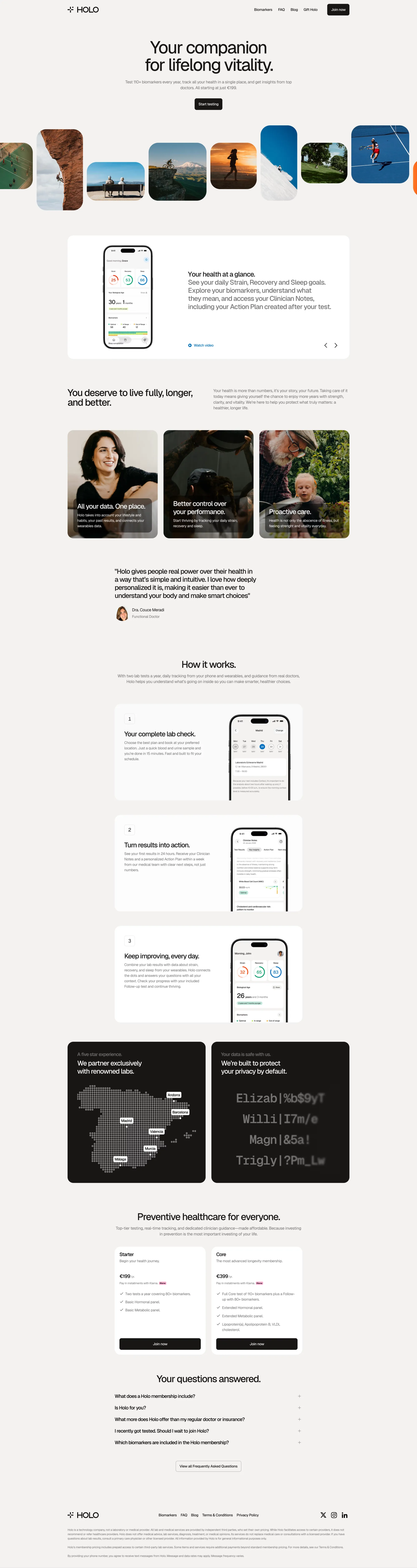 Holo - Your companion for lifelong vital landing page screenshot showcasing Health & Fitness and Medical design