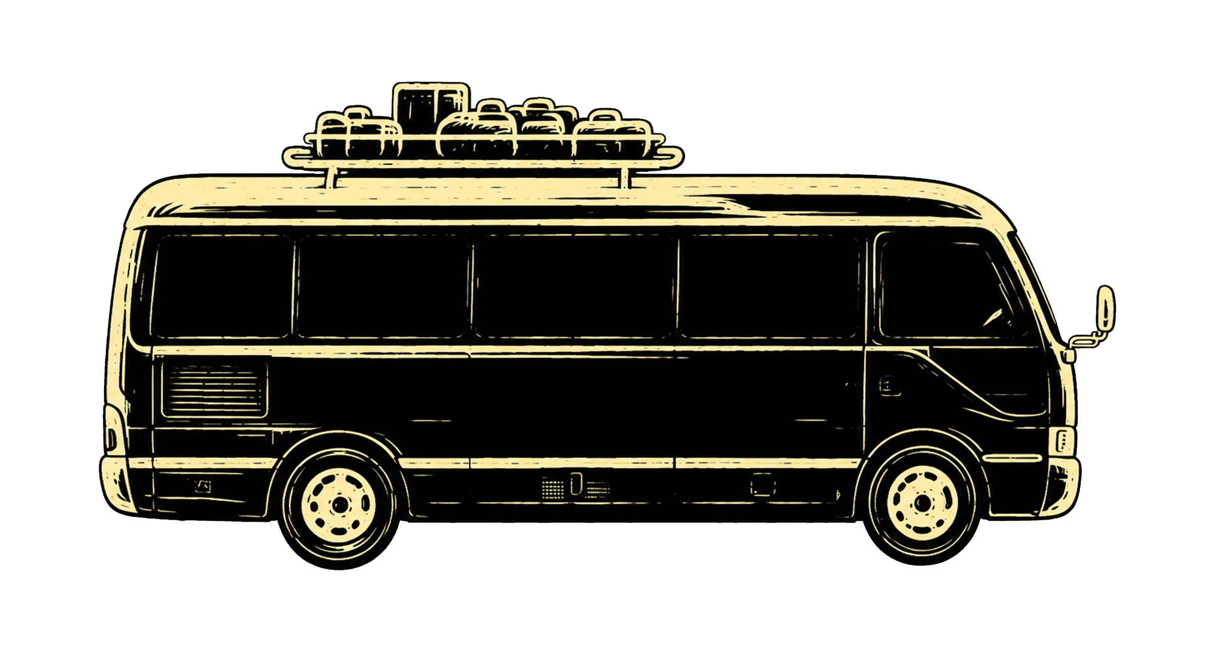 PinewoodBus travelling through a woodcut landscape