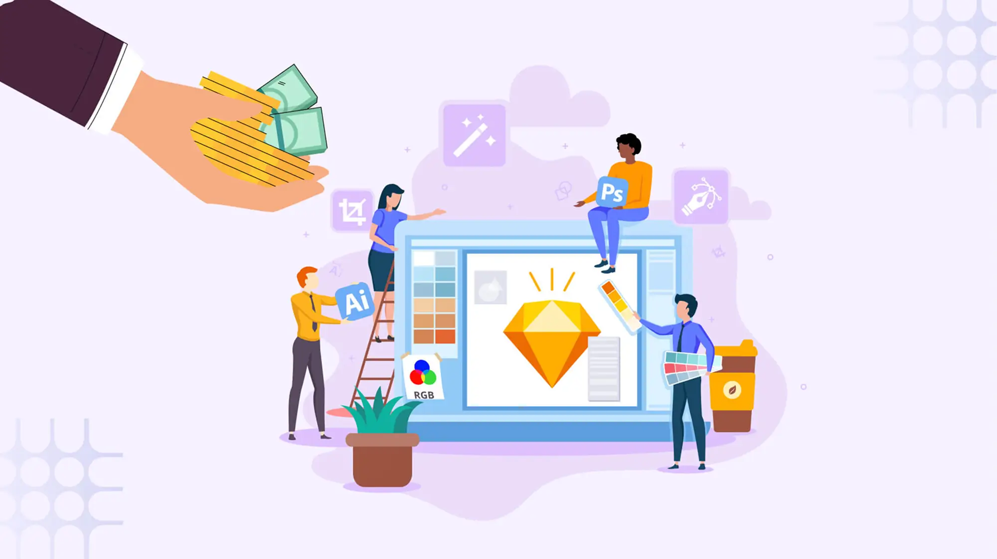 Hand holding money over team working on design