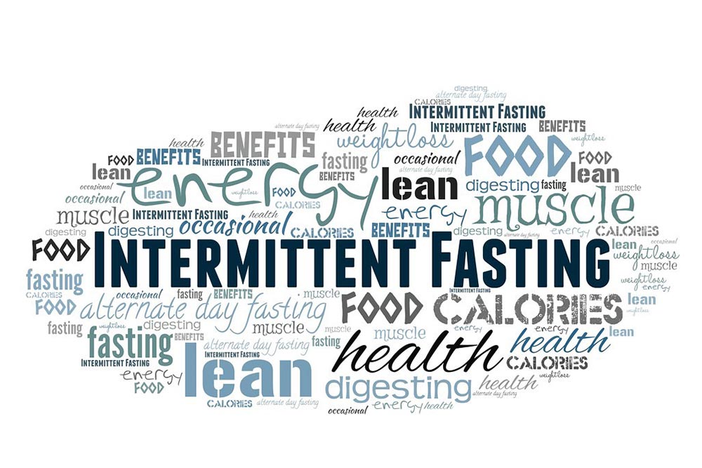 Word cloud of intermittent fasting terms including energy, calories, health, muscle and food