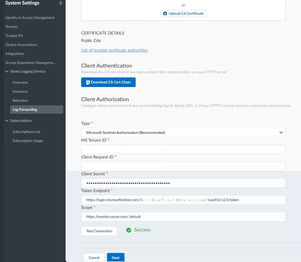 SCM client authorization fields for Microsoft Sentinel.