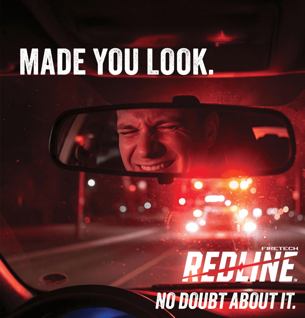 Redline emergency lights campaign featuring an emergency vehicle with bright lights.