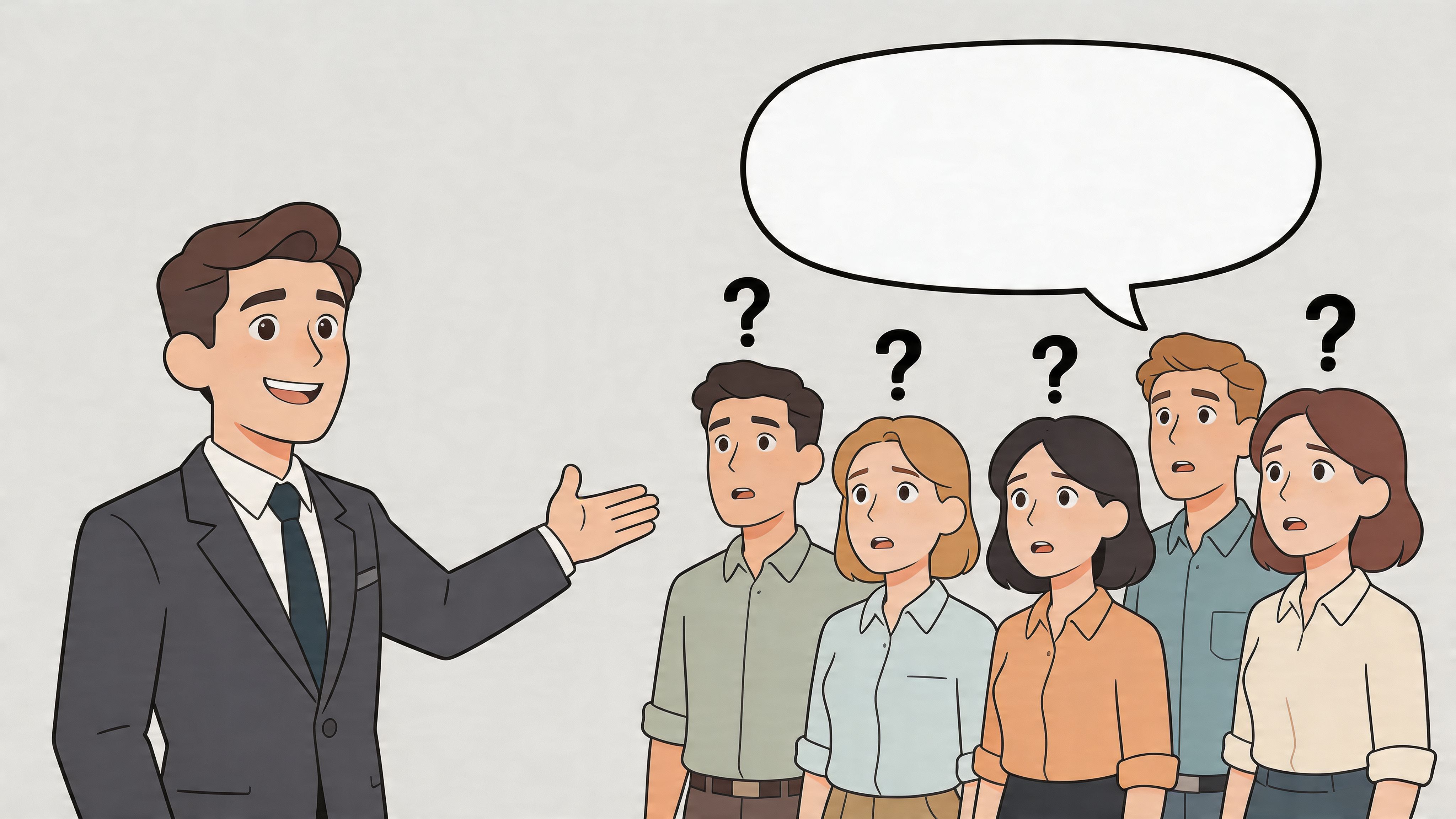 A professional man in a suit presenting to a group of confused people with question marks above heads.