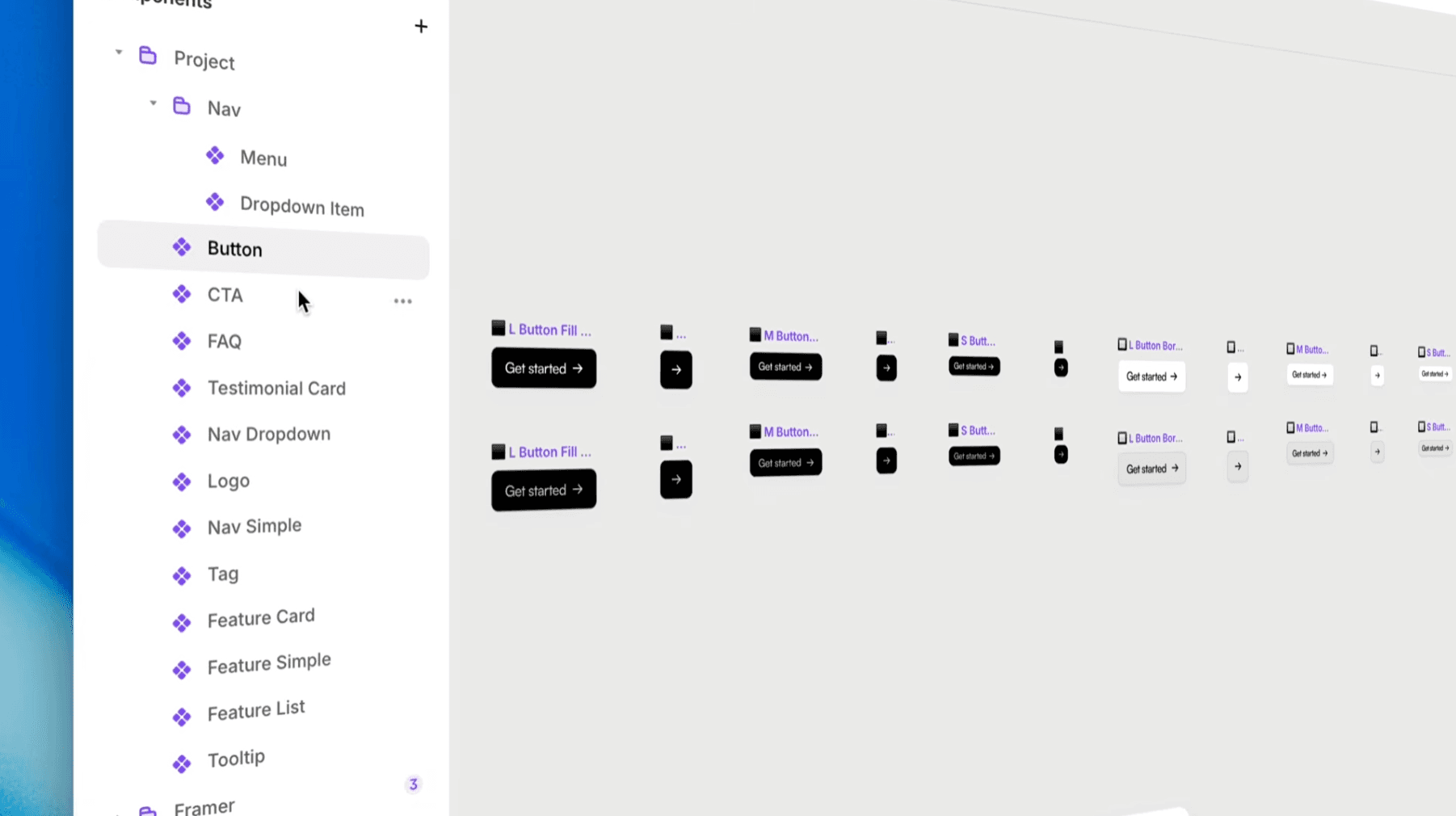 Framer Assets 面板中的 Components 清單,展示 Button 與其他可重複使用的元件