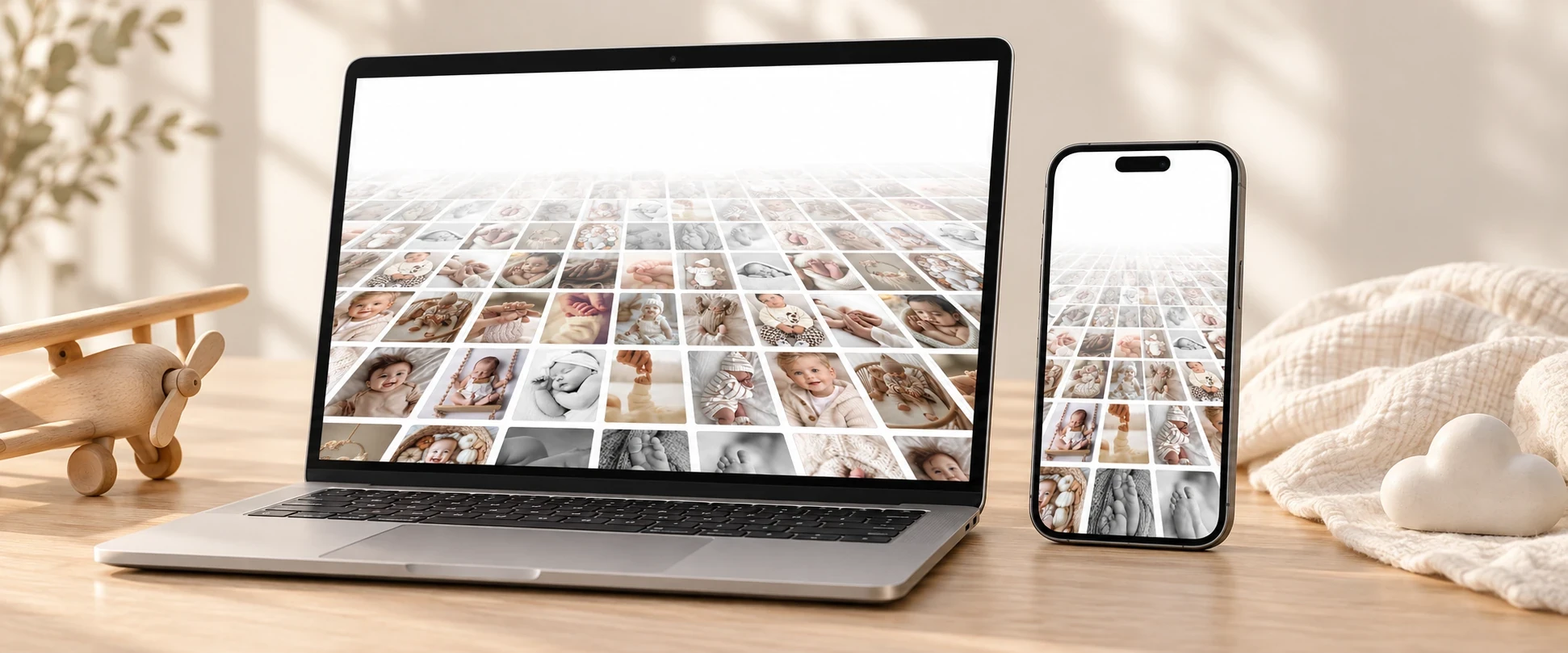 Scroll Flight auf Laptop und Phone: Babyfotos bilden eine perspektivische Fläche, die im weißen Horizont verschwindet.