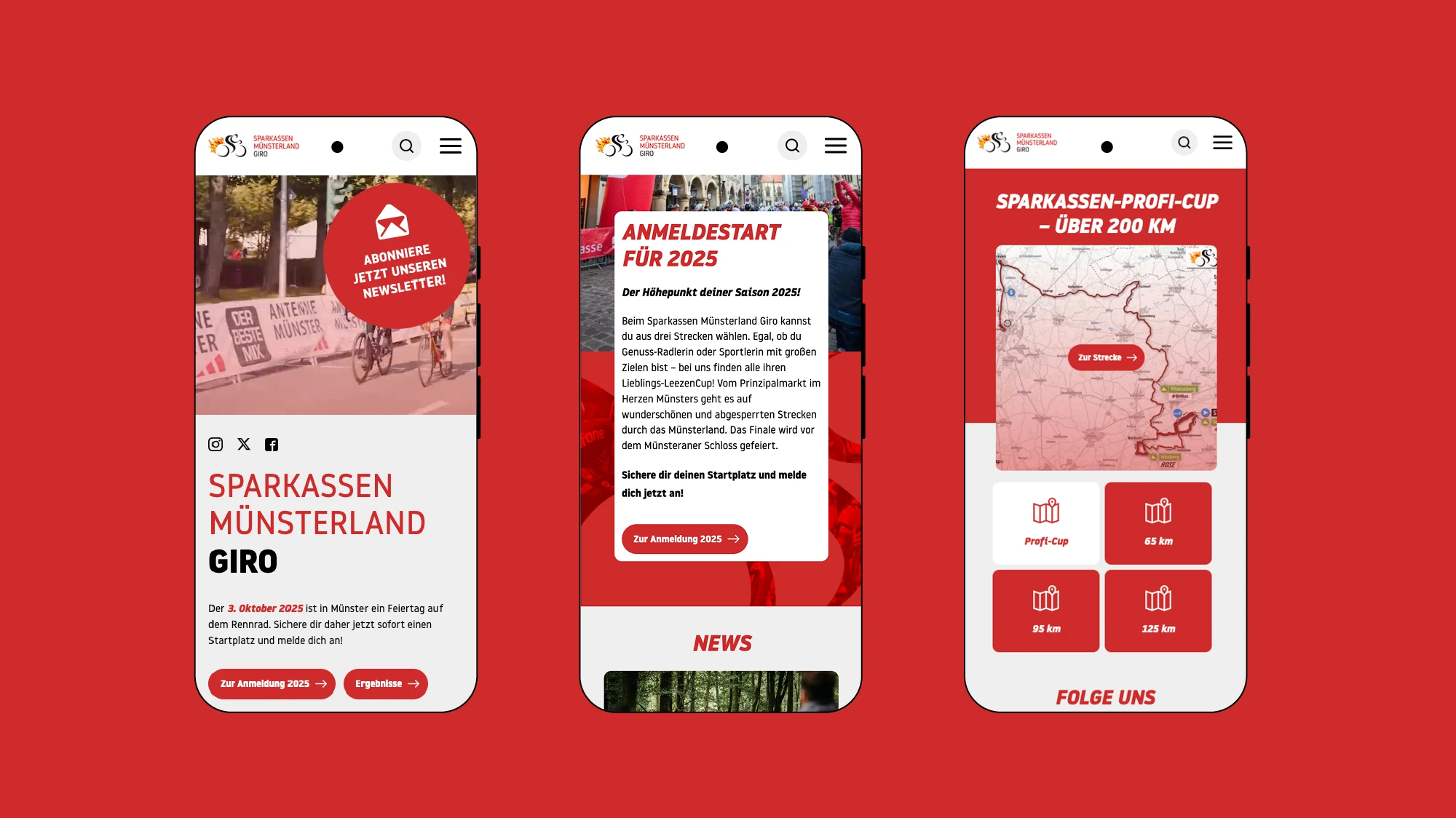 Zu sehen sind drei Ausschnitte der Website des Sparkassen Münsterland Giro in der mobilen Ansicht. Die Darstellung zeigt verschiedene Bereiche der Website in einem modernen, responsiven Design.