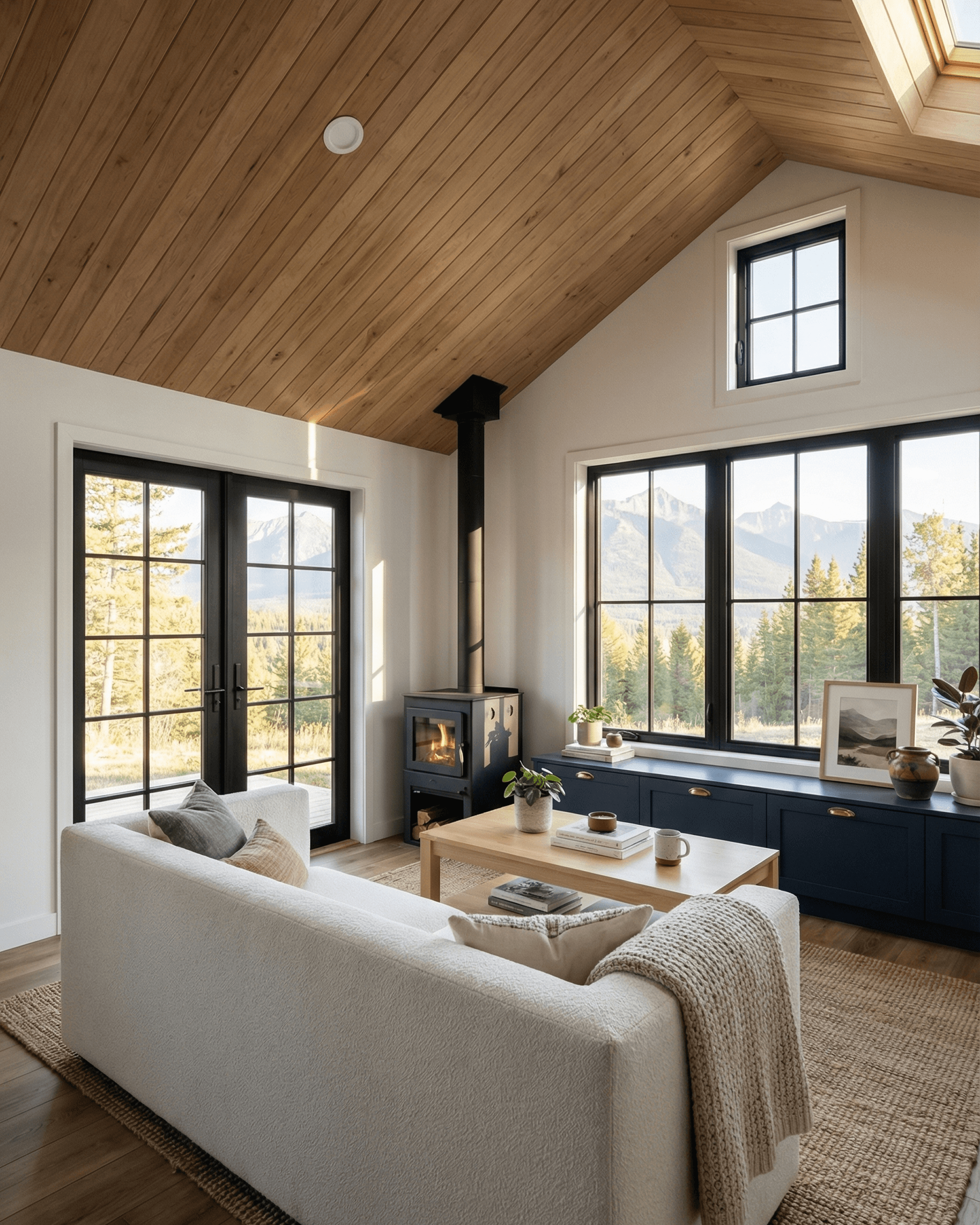 Cabin living room with white sofa, wood coffee table, black-framed doors and windows, wood stove, navy built-in bench, and warm natural light.