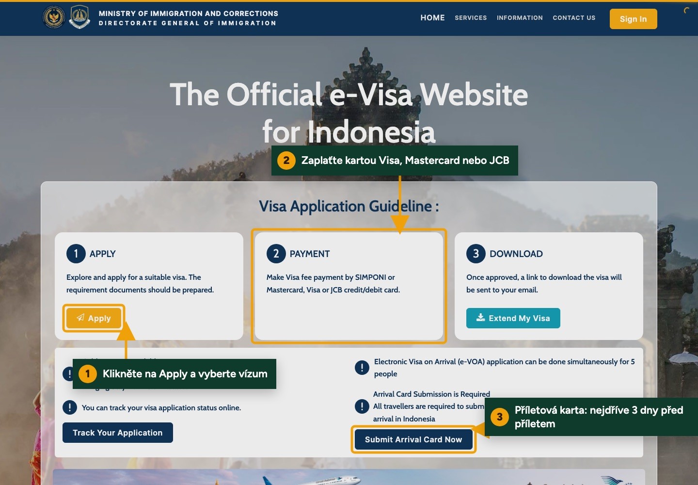 Oficiální web e-Visa Indonésie s vyznačeným tlačítkem Apply, platbou a příletovou kartou