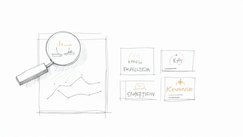Sketch illustration of a magnifying glass analyzing a data graph with KPIs and revenue metrics.