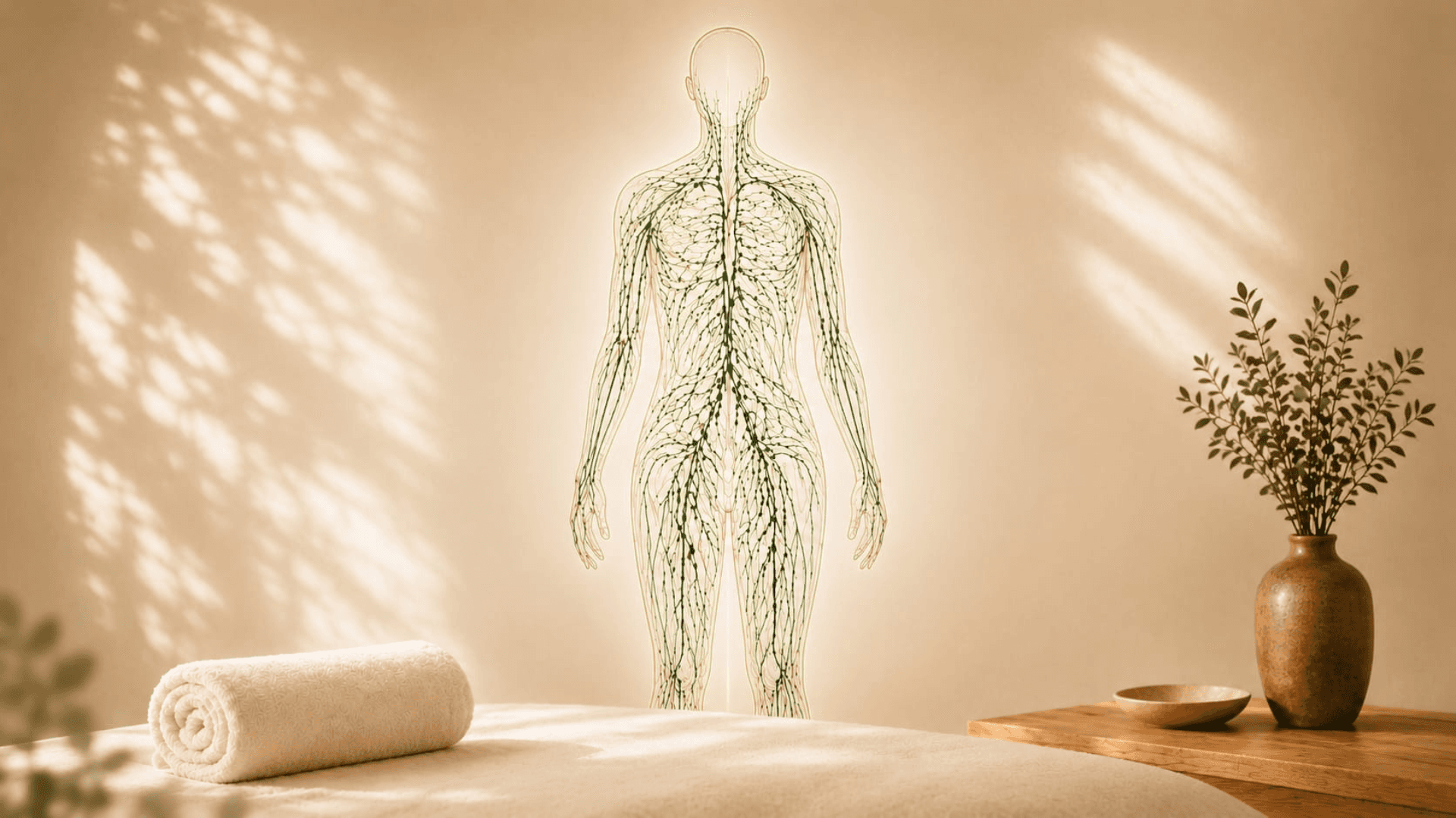 photographie d'un cabinet de massage aux tons naturels, avec un corps en transparence qui montre les synapses du corps