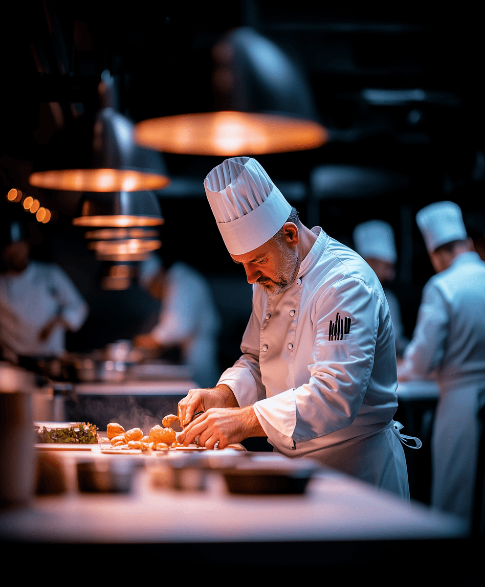 Chef in white chef's hat, meticulously preparing food in a professional kitchen.
