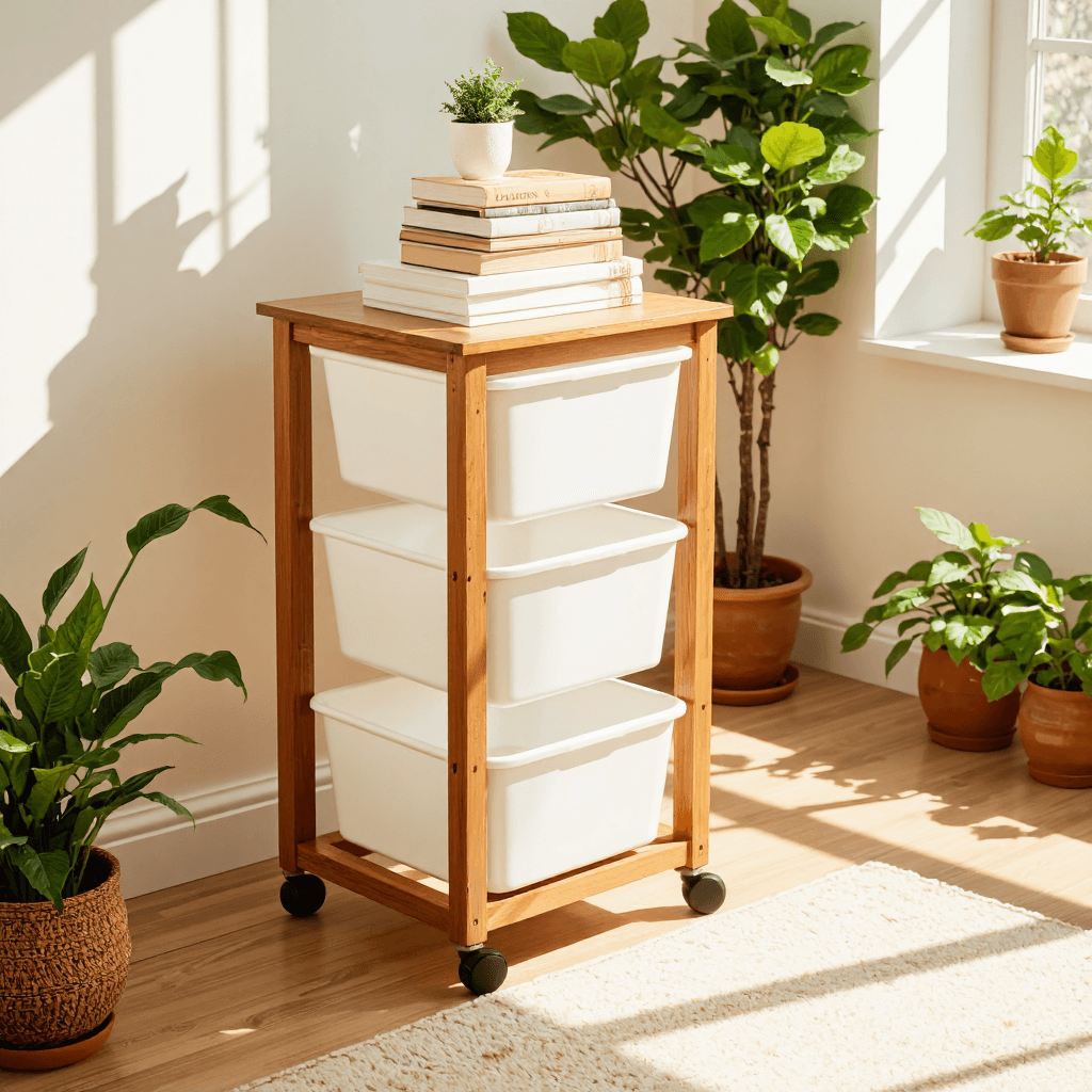 product photography of a wooden storage cart with white bins for organization