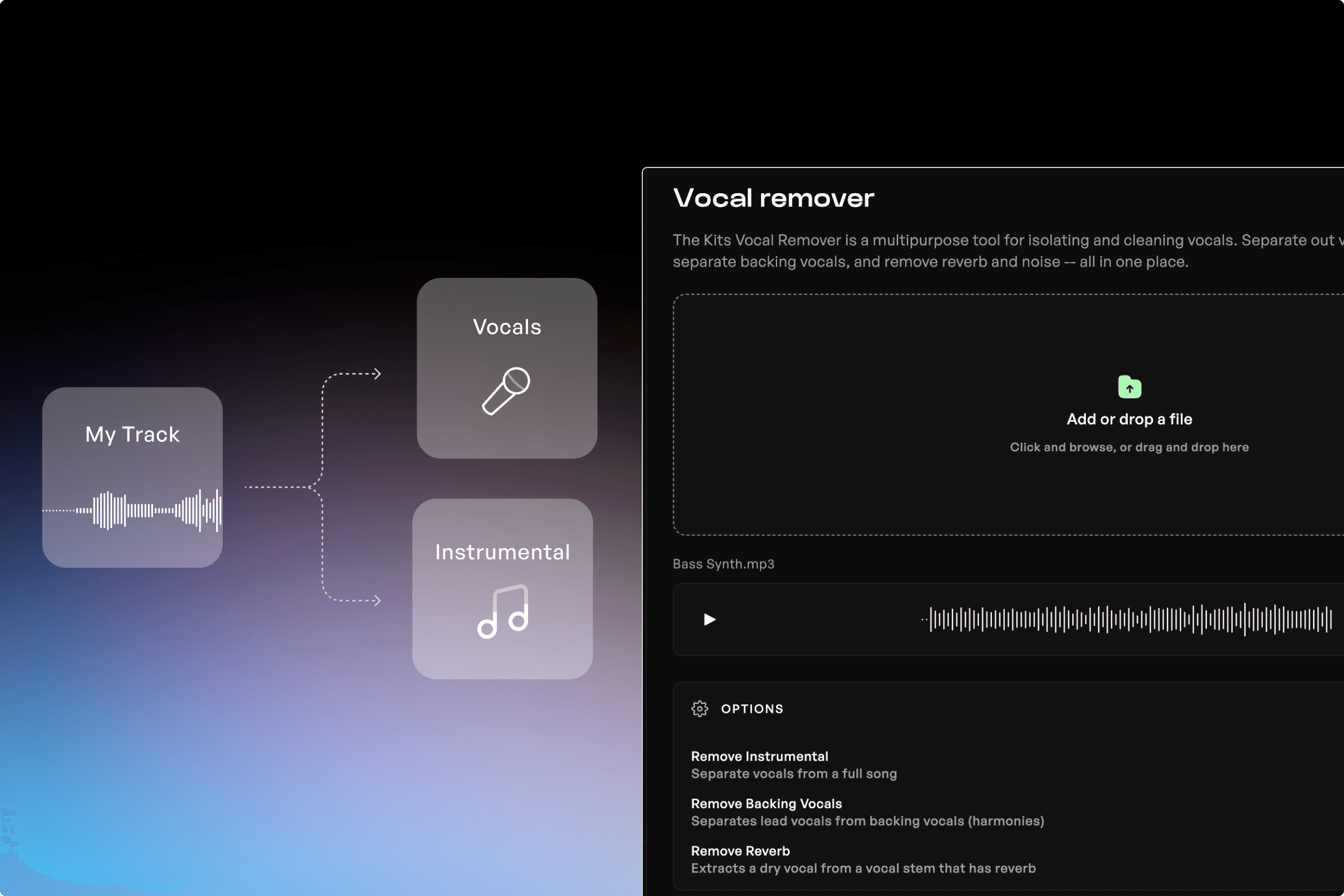 Un gráfico de eliminación vocal y una visualización de la aplicación de Kits AI