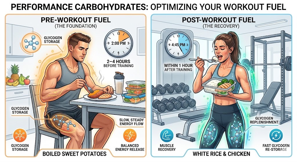 A split-screen infographic detailing workout nutrition timing. The left side shows a man eating boiled sweet potatoes 2-4 hours pre-workout for balanced energy release and glycogen storage. The right side shows a woman eating white rice and chicken within 1 hour post-workout for muscle recovery and fast glycogen re-storage. Icons and arrows illustrate these biological processes in a modern illustrated style.